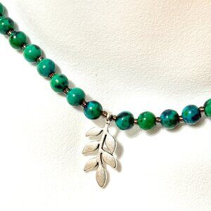 Teal Chrysocolla Short Necklace, Genuine Gemstone & Silver Leaf Branch Pendant